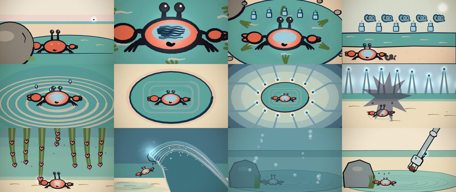 Twelve frames from the finished crab video